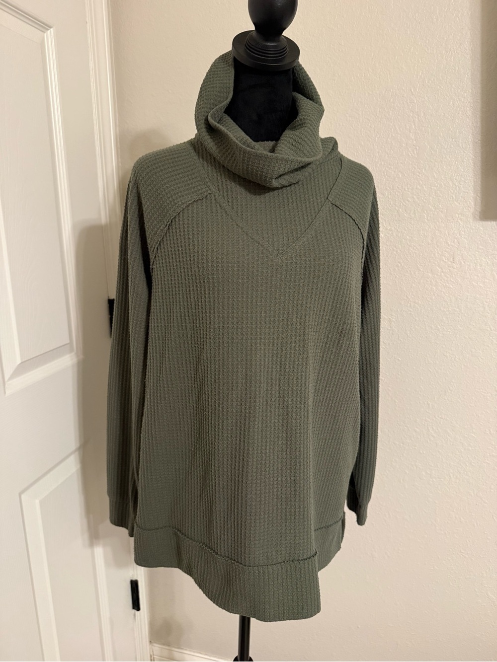Lou & Grey Olive Green Waffle Knit Cowl Neck Long Sleeve Top